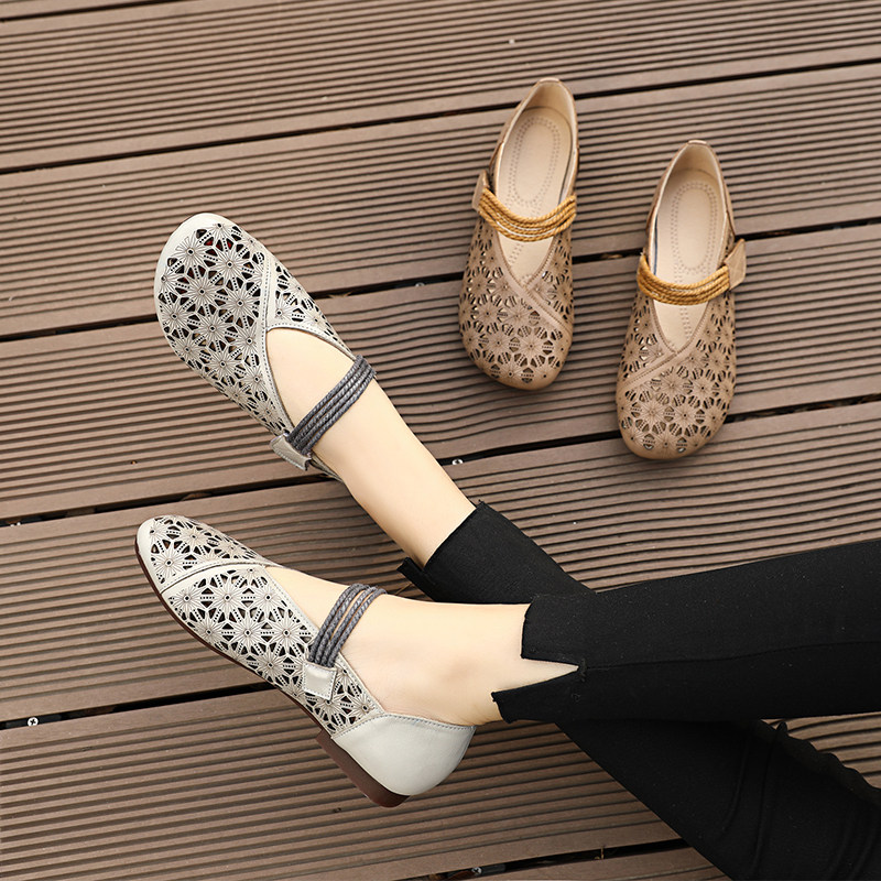 妈妈凉鞋女323334码牛筋底镂空洞洞鞋夏季真皮平底单鞋女软底舒适