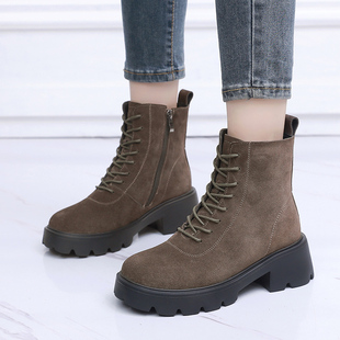厚底马丁靴女2023新款冬季加绒英伦风短靴磨砂皮女靴工装大码靴子