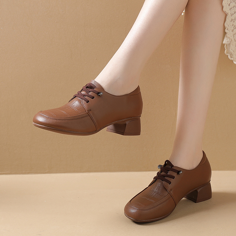 深口单鞋真皮粗跟皮鞋大码女鞋