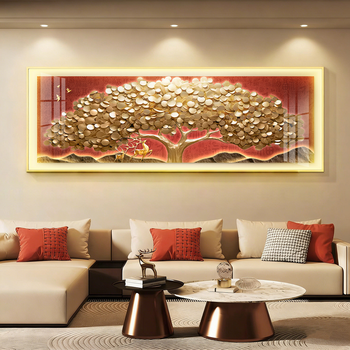 led带灯客厅装饰画招财发财树沙发背景墙挂画轻奢智能晶瓷壁画
