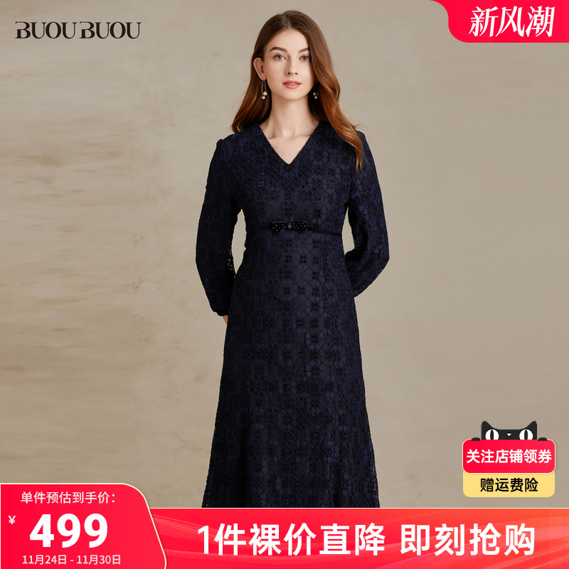 【关注领券】Buou Buou气质花型蕾丝优雅通勤V领连衣裙女BI4G015