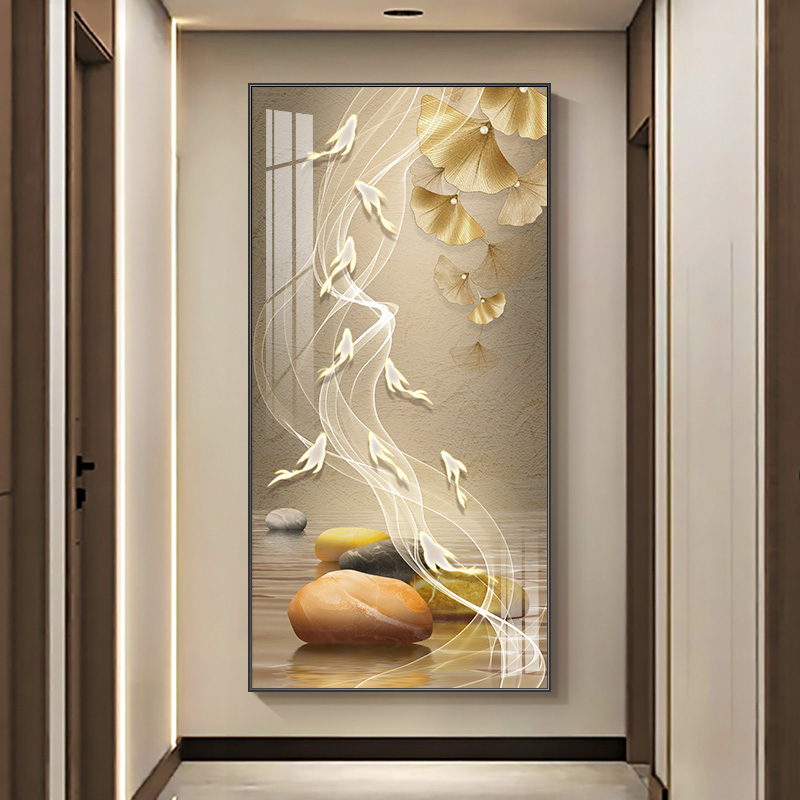 现代轻奢入户玄关装饰画寓意好走廊过道挂画竖版墙画大气九鱼壁画图片