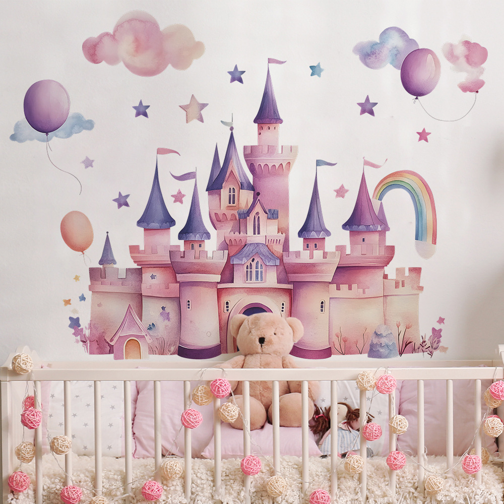 卡通梦幻城堡气球粉色墙贴画女孩卧室客厅家居墙面背景装饰墙贴纸