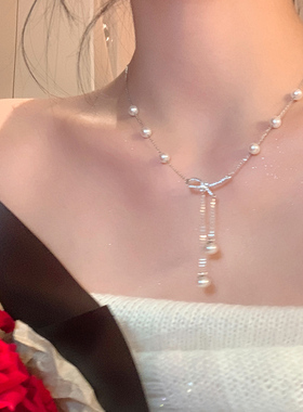S925银蝴蝶结珍珠流苏项链女轻奢