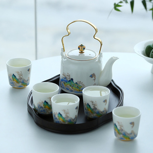 家用大容量一壶四杯便携茶具户外陶瓷高档 匠仙提梁壶旅行茶具套装