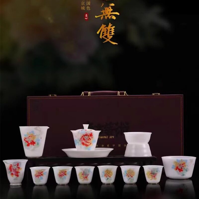 匠仙曾逸腾大师手绘冰种功夫茶具套装家用整套盖碗茶具高档礼盒装