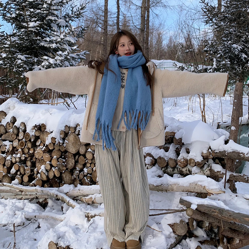 高定版！双面加厚款女士蓝色围巾2024秋冬季男韩系氛围感冬天围脖