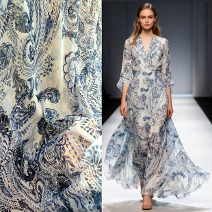 青花瓷印花纯真丝乔其纱面料silk宽幅桑蚕丝连衣裙丝绸布定制围巾