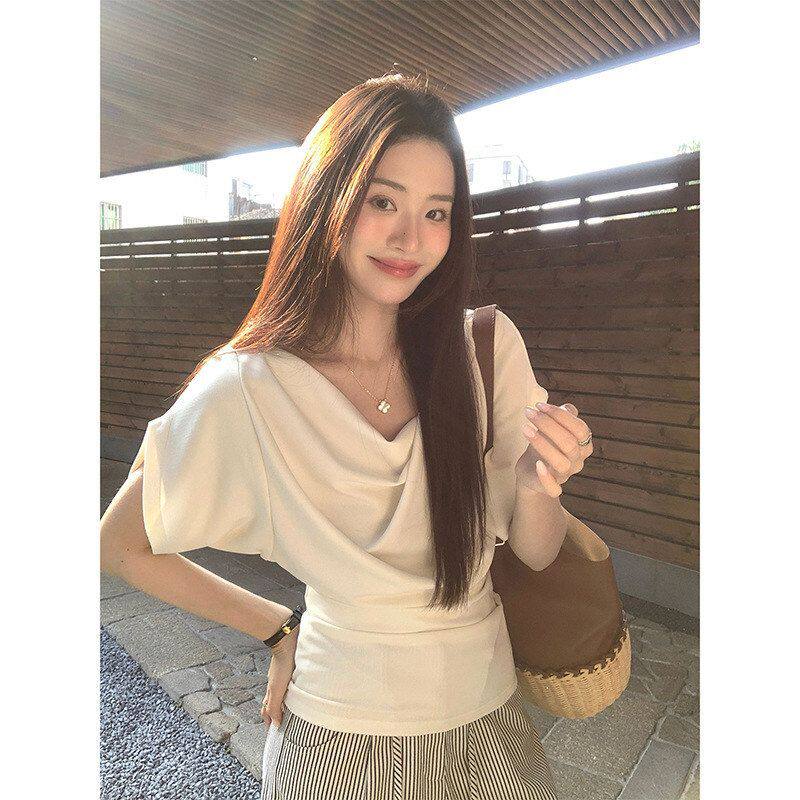 法式白色荡领短袖T恤女夏季高级感收腰显瘦通勤百搭气质上衣女装