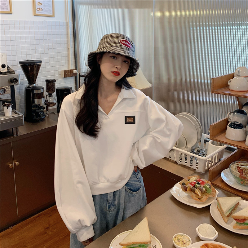 Korean polo collar short style casual loose design large sleeve sweater