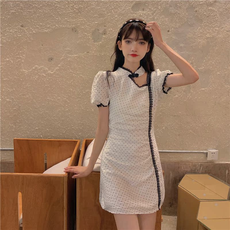 Real price new summer Vintage Lace Collar cheongsam improved dot slant shoulder slim national fashion dress