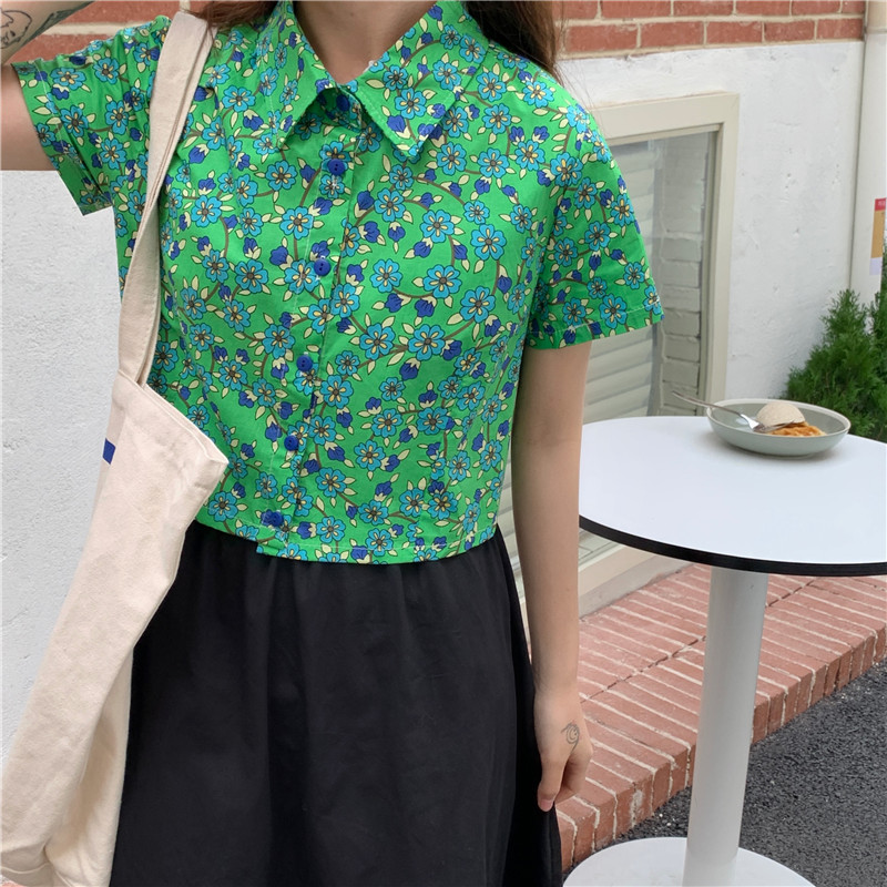 Real price new summer Korean college style loose print short sleeve Floral Shirt