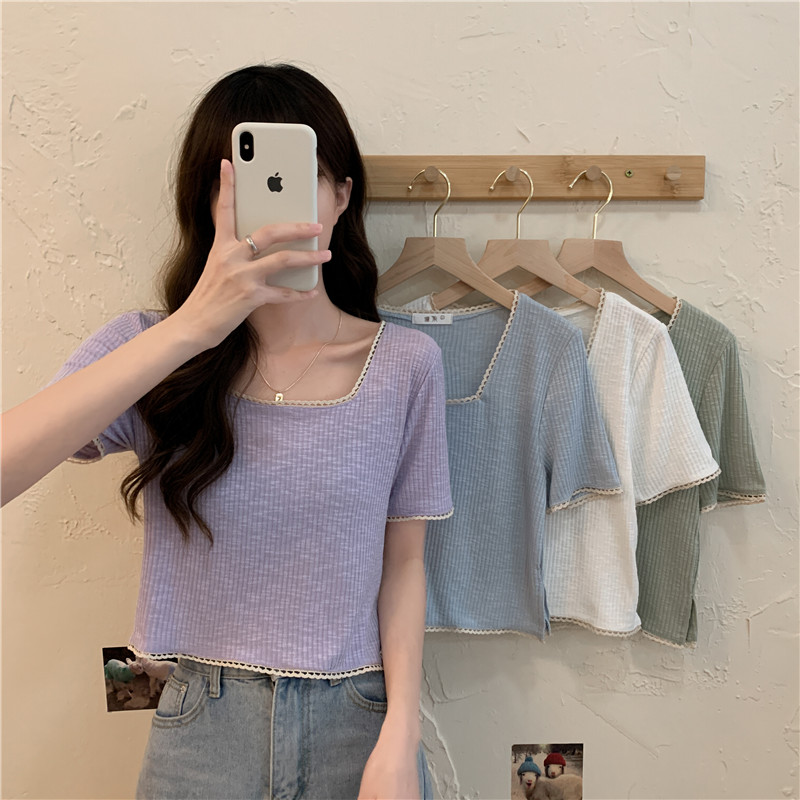 Real price new small lace square neck slim knitting summer short sleeve top for women