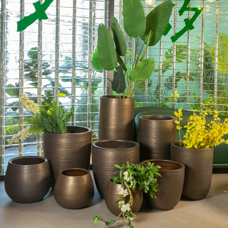 新中式陶瓷复古铜仿金属花瓶摆件落地花盆高脚大型绿植种树缸盆栽