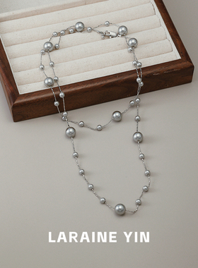 满天星s925银长款灰色珍珠项链秋冬毛衣链轻奢叠戴颈链