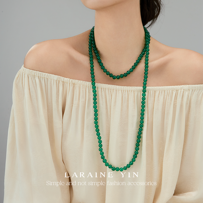 小众原创设计长款绿玛瑙串珠项链新中式国潮古风纯银毛衣链叠戴