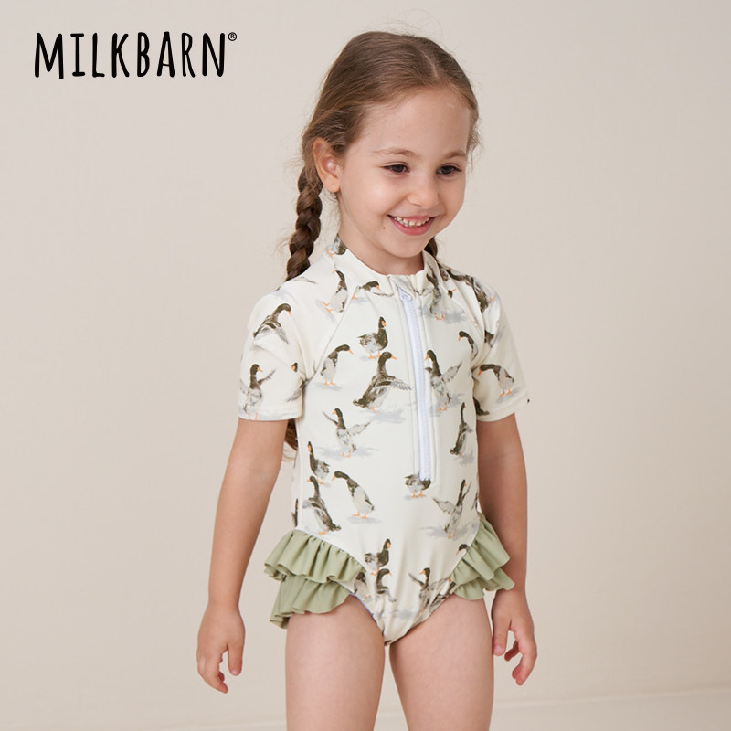 Milkbarn夏季儿童连体泳衣宝宝短袖三角泳装女孩荷叶边泳衣裤