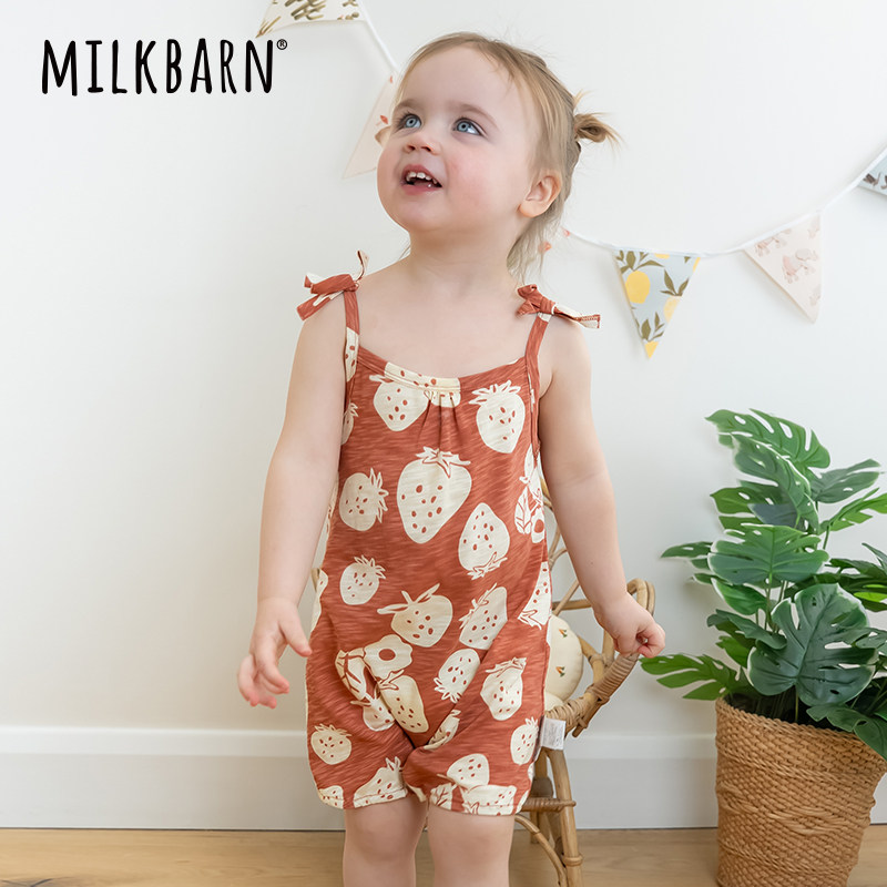 Milkbarn春夏新品婴儿吊带包屁衣男女宝宝纯棉衣服哈衣爬爬服