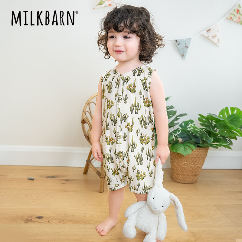 Milkbarn春夏新品婴儿无袖连体衣服男女宝宝哈衣莫代尔爬爬服