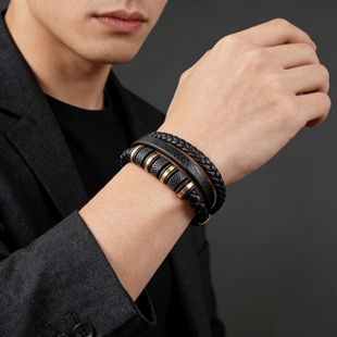 皮绳手链不锈钢皮革编织手镯真皮多层首饰男士潮流小众个性高级感