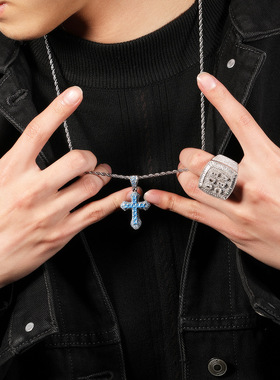 嘻哈蓝色锆石十字架男士毛衣链