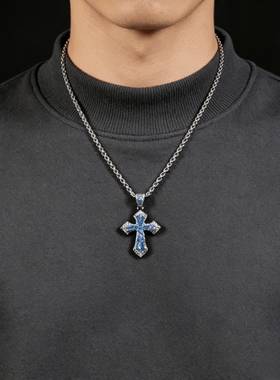 蓝色锆石十字架男款项链朋克