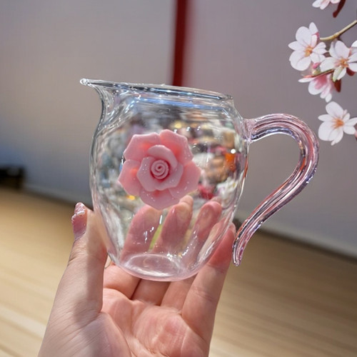 手工陶瓷拈花玻璃公道杯家用功夫茶具防烫匀茶杯透明粉色分茶器