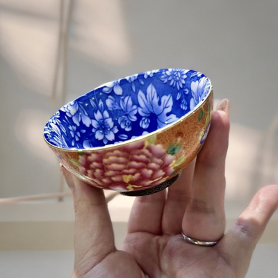 橙色金丝珐琅彩120毫升内青花主人杯宫廷风大茶杯高档奢华高颜值