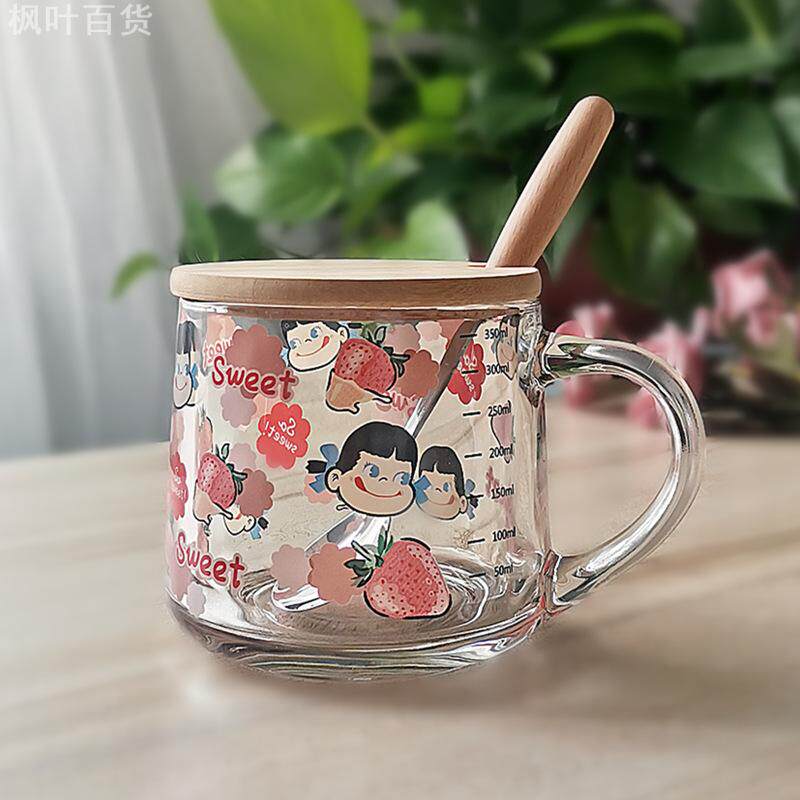卡通玻璃吸管杯可爱牛奶杯早餐刻度杯带盖勺礼物便携水杯微波炉杯