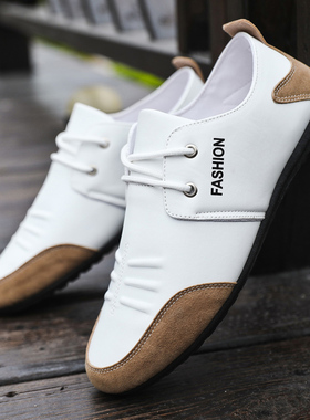 白色豆豆鞋男韩版一脚蹬懒人开车男士休闲皮鞋男软底夏季透气白鞋