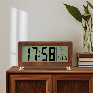 实木座钟现代简约胡桃木电子时钟摆件装饰创意钟表温湿度数字显示