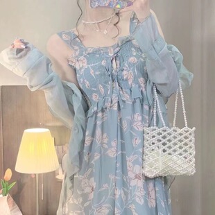 2024新款温柔风茶歇法式雪纺长裙碎花吊带连衣裙开衫两件套装女夏