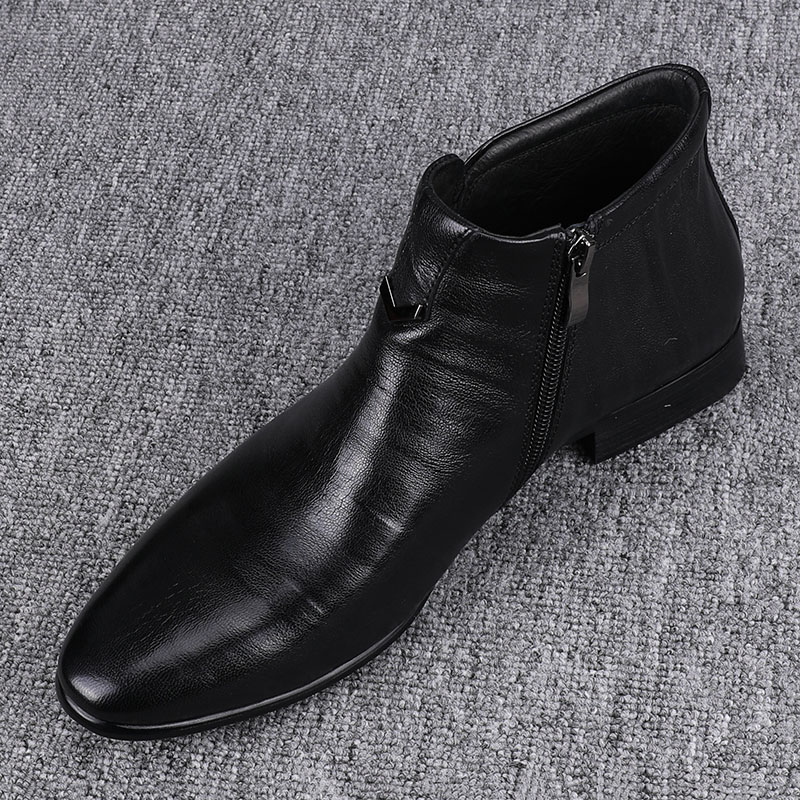 2025冬季男士小尖头休闲皮鞋英伦高帮侧拉链短靴真皮日常切尔西靴