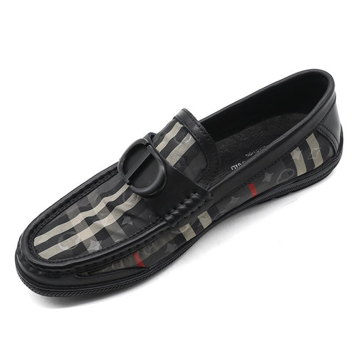 新款皮布拼接透气潮流格纹乐福鞋