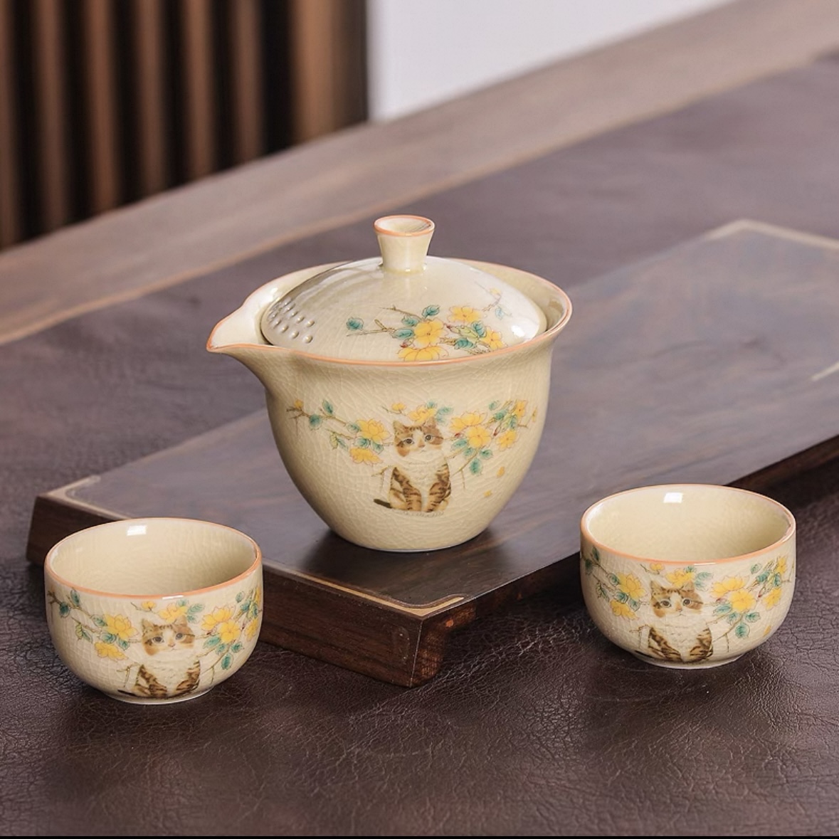 哥窑萌猫手抓壶旅行茶具套装便携式包户外泡茶家用快客杯一壶二杯