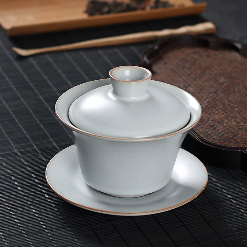 月白汝窑三才盖碗覆古陶瓷功夫茶具茶碗单个泡茶碗功夫茶具冰裂釉