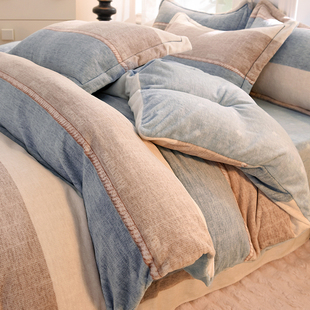 2025新款牛奶绒四件套秋冬季珊瑚绒被套条纹款双面加绒冬天法兰绒