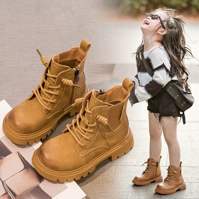 儿童马丁靴男童女童靴子防滑秋冬季新款侧拉链防水大童大黄靴