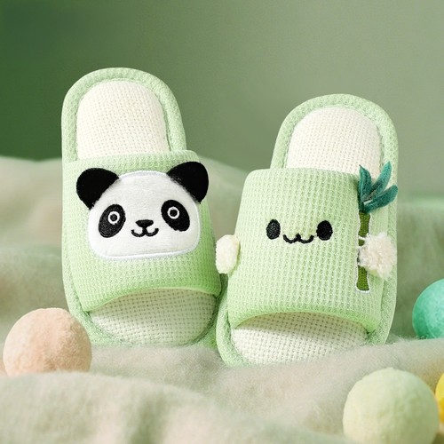 可爱熊猫儿童亚麻拖鞋女童男童