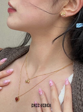 ChicVibes 招财红~复古红色宝石爱心吊坠金色项链设计感高级感