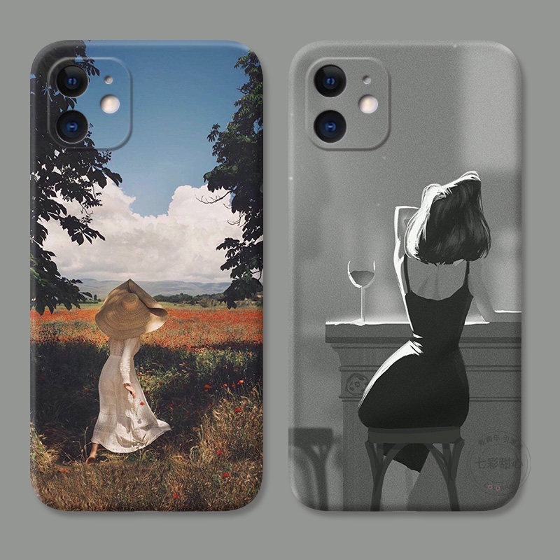 文艺少女背影适用iPhone12苹果11手机壳13/14油画17Air/16/15promax艺术plus耐脏防摔mini冷淡风女款迷你软