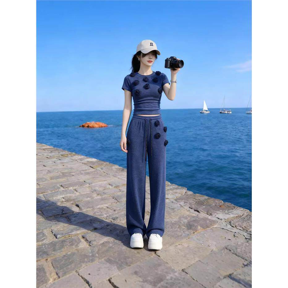 夏季绝美穿搭一整套盐系轻熟修身减龄短袖阔腿裤运动休闲两件套女