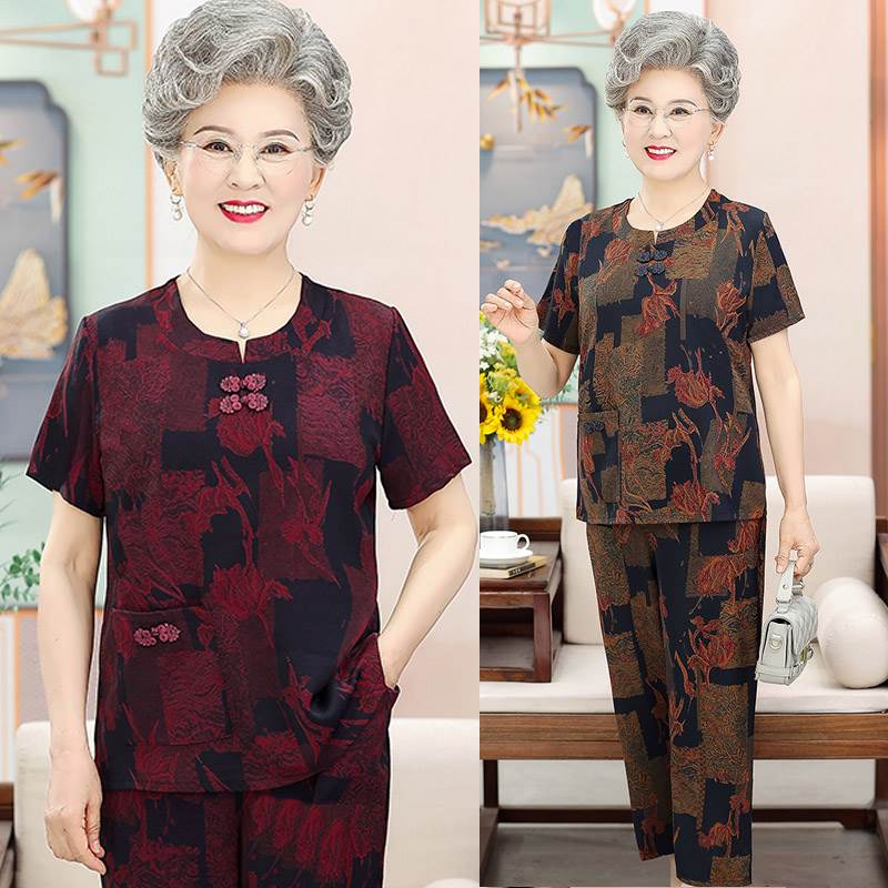 中老年人夏装女套装60岁70洋气奶奶装短袖T恤老人妈妈宽松两件套