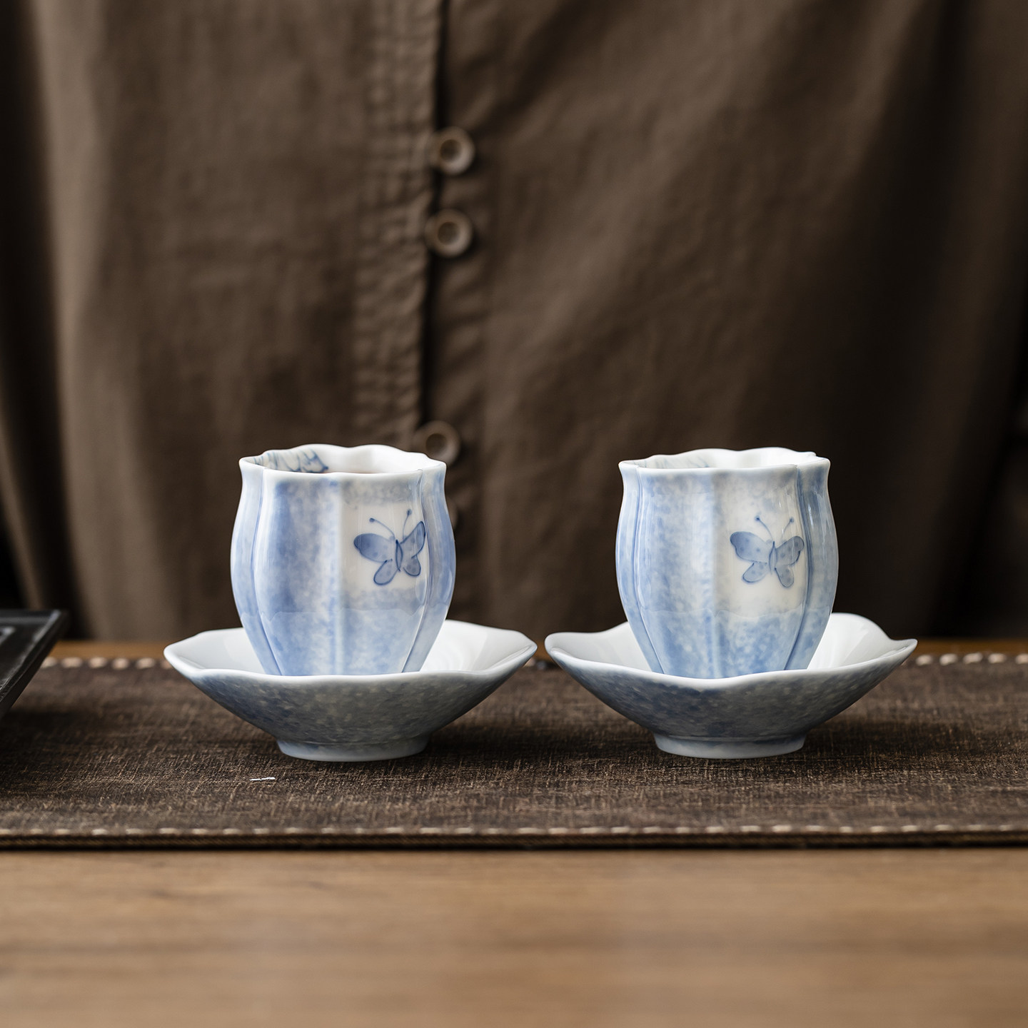 羊脂玉手绘主人杯底碟陶瓷茶杯蝴蝶图案茶具套装小清新茶杯