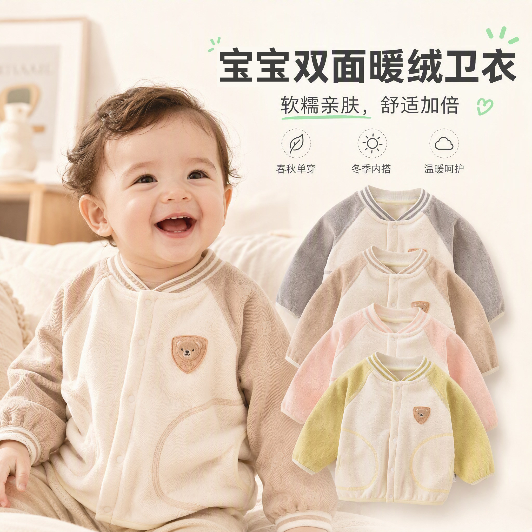 宝宝双面加绒外套秋冬儿童棒球服保暖上衣男童开衫女童外出卫衣