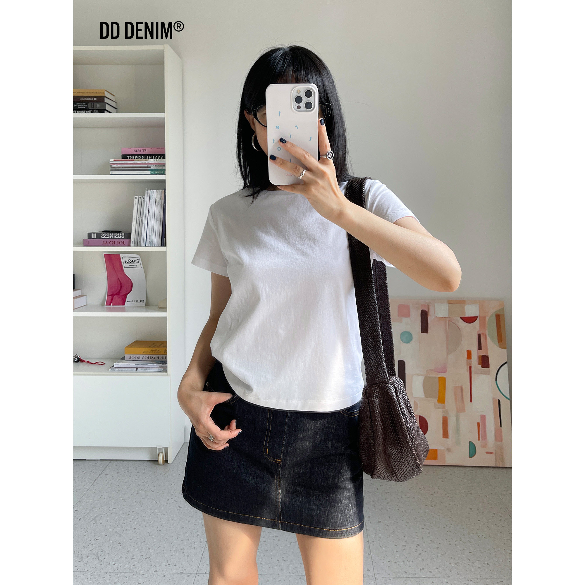 DD「超模T恤」Jennie同款 宽松正肩圆领黑白短款T恤夏季短袖上衣
