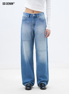 DD「Just a girl」中性风解构拼接设计浅蓝水洗宽松直筒牛仔裤女