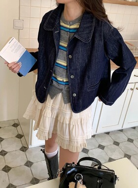 SUNS穿搭尖子生 韩系娃娃领明线设计短款小个子牛仔外套女ZY3438