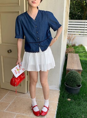 SUNS中古市集 春夏新品日系蕾丝花边拼接V领短袖牛仔衬衫女ZY3001