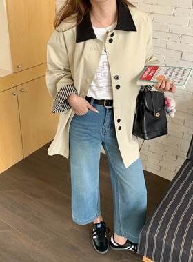 SUNS巴恩风 韩系百搭精品撞色格纹拼接翻领中长款风衣外套ZY4026